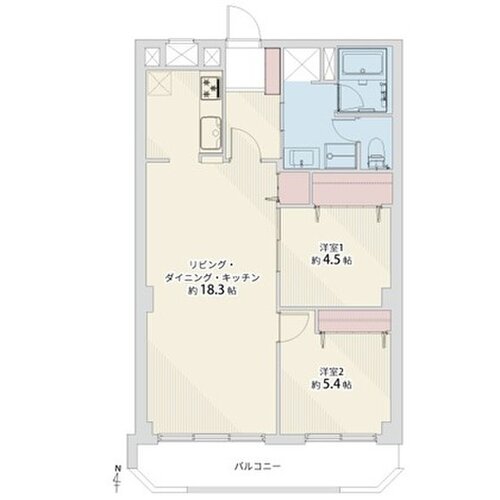 2LDK、専有面積64.69㎡、バルコニー面積8.13㎡、室内リノベーション実施 2LDK、専有面積64.69㎡、バルコニー面積8.13㎡、室内リノベーション実施