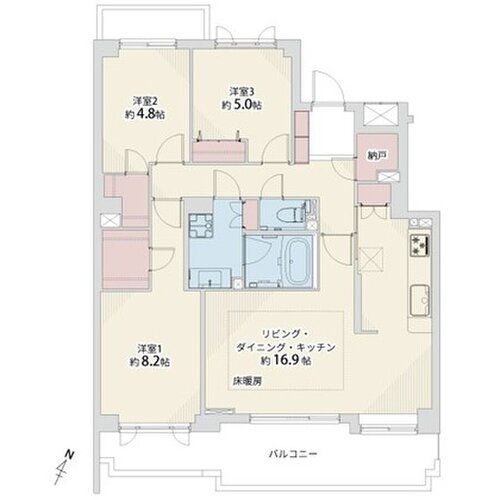 3LDK+納戸+2W、専有面積85.12㎡、バルコニー14.98㎡、室外機置場2.66㎡ 3LDK+納戸+2W、専有面積85.12㎡、バルコニー14.98㎡、室外機置場2.66㎡